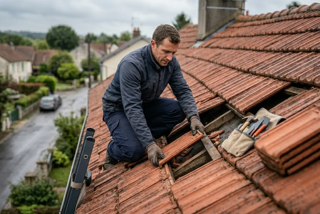 Couvreur professionnel réparant les tuiles d'une toiture
