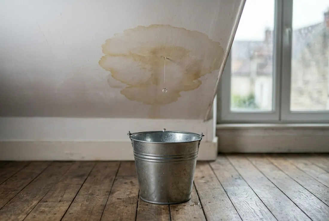 Infiltration d'eau au plafond causée par une fuite de toiture