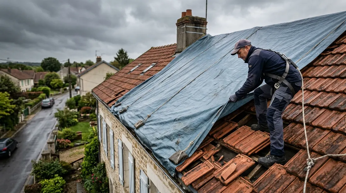 Couvreur posant une bâche d'urgence sur une toiture endommagée après une tempête